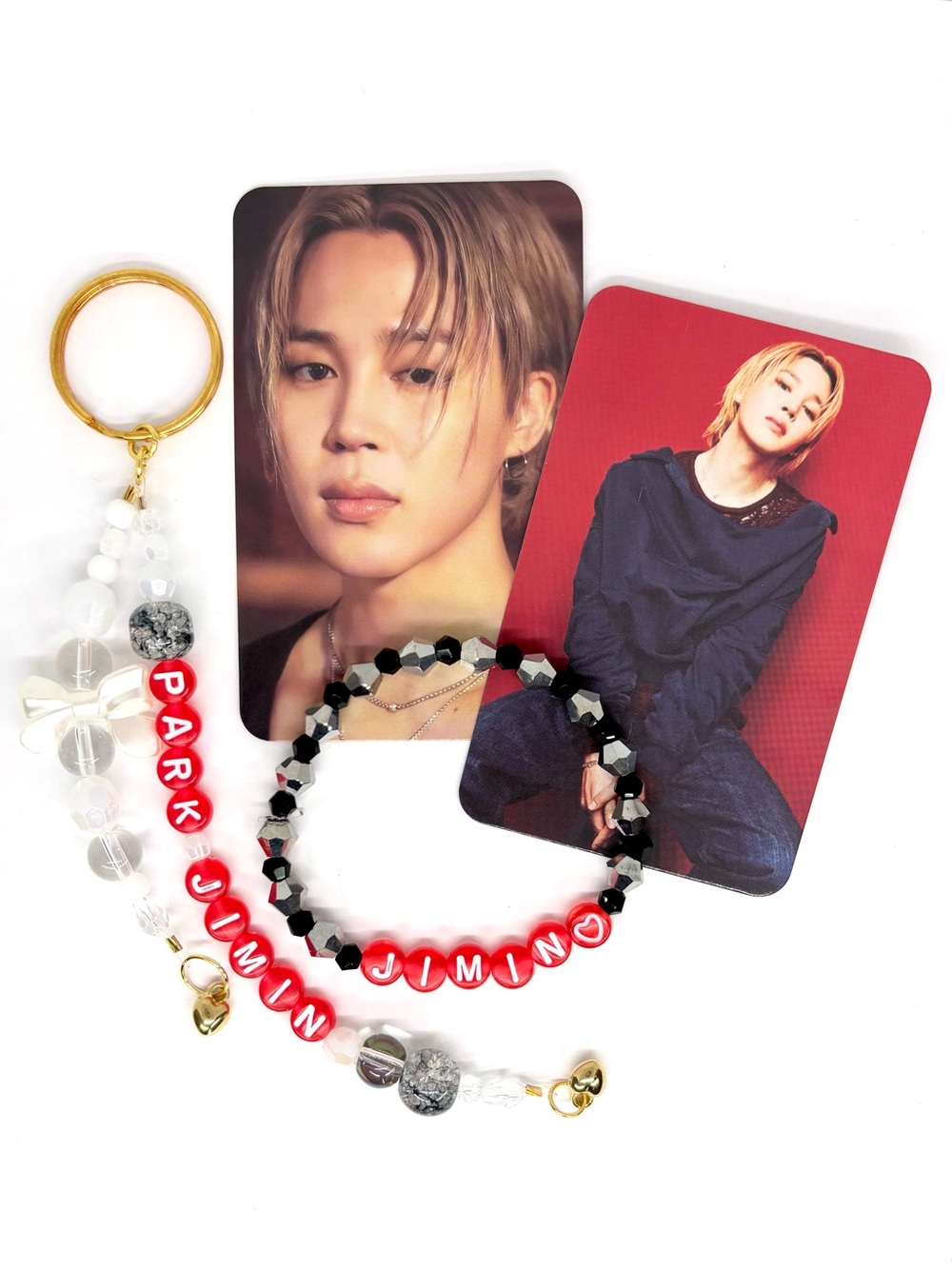 (4pcs) BTS JIMIN BIAS BRACELET KEYCHAIN PHOTOCARD BUNDLE